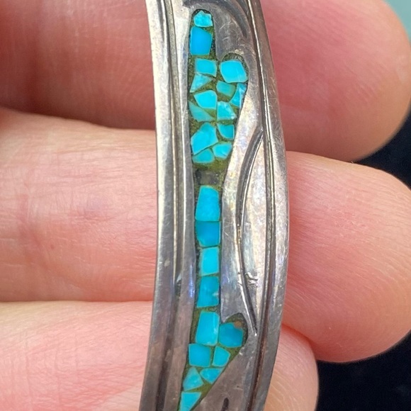 Navajo Signed J Nezzie Silver Turquoise Native American Cuff Bracelet  **As Is** - Picture 8 of 11